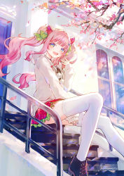 Rule 34 | 1girl, artist name, black footwear, blue eyes, building, cherry blossoms, food print, hair ornament, hair ribbon, highres, hinasumire, hood, hoodie, looking at viewer, open mouth, original, outdoors, pink hair, pom pom (clothes), ribbon, shoes, signature, sitting, skirt, solo, stairs, strawberry print, thighhighs, twintails, white thighhighs, x hair ornament