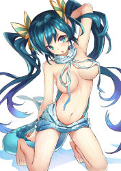 Rule 34 | 1girl, arm behind head, backless dress, backless outfit, bare shoulders, barefoot, blue eyes, blue hair, bow, breasts, cleavage, creatures (company), drawstring, dress, forked tail, game freak, gen 1 pokemon, hair bow, kneeling, large breasts, long hair, looking at viewer, meme attire, naked sweater, navel, nintendo, open mouth, personification, pokemon, ribbed sweater, sakaraubito, solo, sweater, sweater dress, tail, turtleneck, turtleneck sweater, twintails, vaporeon, virgin killer sweater, wardrobe error