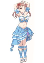 Rule 34 | 1girl, armpits, arms behind head, breasts, brown eyes, brown hair, dragon quest, dragon quest viii, feet, highres, jessica albert, jewelry, large breasts, legs, looking at viewer, midriff, navel, shiseki hirame, skirt, smile, solo, square enix, thighs, twintails