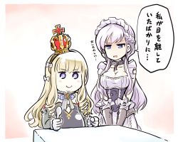 Rule 34 | &gt;:), 2girls, azur lane, belfast (azur lane), blonde hair, blush, braid, breasts, cleavage, crown, fat, flat chest, french braid, gloves, hairband, highres, ishiyumi, large breasts, long hair, maid headdress, multiple girls, open mouth, purple eyes, queen elizabeth (azur lane), smile, spoon, translation request, v arms, white gloves, yellow hairband