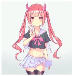 Rule 34 | 1girl, arm at side, black shirt, black thighhighs, blush, border, closed mouth, collarbone, cona kinaco, cowboy shot, crop top, demon horns, fangs, fangs out, heart, heart-shaped pupils, horns, long hair, looking at viewer, midriff, navel, original, pink eyes, pink hair, pleated skirt, school uniform, serafuku, shirt, short sleeves, sketch, skirt, smile, solo, standing, symbol-shaped pupils, thighhighs, twintails, v, very long hair, white skirt