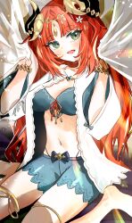 Rule 34 | 1girl, blue shorts, bracelet, commentary, fake horns, genshin impact, green eyes, highres, horns, jewelry, long hair, looking at viewer, navel, nilou (genshin impact), open clothes, open mouth, red hair, ryoma (rym 369), short shorts, shorts, sitting, solo, stomach, thighs, very long hair, wariza