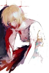 Rule 34 | 1girl, blonde hair, blood, blood on body, blood on chest, blood on face, blood on hands, body fur, chimera, dungeon meshi, falin touden, falin touden (chimera), feathered wings, feathers, hair around ear, highres, licking, licking finger, looking at viewer, monster girl, notrxz, short hair, solo, white feathers, wings, yellow eyes