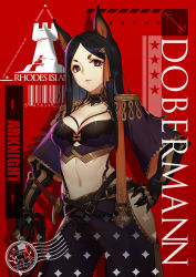 Rule 34 | 1girl, alternate costume, animal ears, arknights, barcode, belt, black bra, black gloves, black hair, bra, breasts, brown eyes, character name, clawed gauntlets, cleavage, coat, commentary request, contrapposto, copyright name, cowboy shot, cropped jacket, dobermann (arknights), dog ears, epaulettes, eyelashes, gauntlets, gloves, hair ribbon, hand on own hip, highres, hip vent, lanyaojun, light smile, lips, lipstick, long hair, looking at viewer, makeup, medium breasts, midriff, mole, navel, pants, parted bangs, purple coat, purple pants, red background, ribbon, scabbard, sheath, sheathed, simple background, solo, star (symbol), straight hair, strap, sword, thick eyebrows, underwear, weapon, whip, wide sleeves