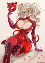 Rule 34 | 1girl, arachnart, beige background, blonde hair, blue eyes, bodysuit, boots, breasts, cleavage, closed mouth, domino mask, fake tail, gloves, highres, large breasts, long hair, mask, persona, persona 5, red bodysuit, simple background, sitting, smile, solo, tail, takamaki anne, thigh boots, thighhighs, twintails