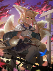 Rule 34 | 1girl, absurdres, animal ears, arknights, arm up, black gloves, blonde hair, blush, book, cape, character name, chinese commentary, closed mouth, cloud, cloudy sky, commentary request, crop top, dated, evening, feet out of frame, flower, gloves, grass, green eyes, highres, hzs yumu, long hair, multiple tails, open book, pantyhose, ponytail, shirt, sidelocks, signpost, sitting on fence, skirt, sky, smile, solo, suzuran (arknights), tail, white cape, white pantyhose, white shirt, white skirt