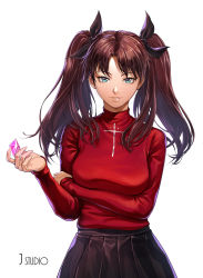 Rule 34 | 1girl, blue eyes, brown hair, fate/stay night, fate (series), gem, green eyes, hair ribbon, highres, joe (j studio), long hair, looking at viewer, red sweater, ribbon, simple background, skirt, solo, standing, sweater, tohsaka rin, twintails, white background