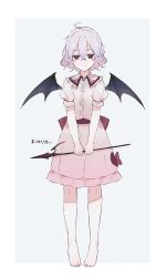 Rule 34 | 1girl, ahoge, barefoot, bat wings, bow, character name, collared shirt, full body, hair between eyes, highres, holding, holding polearm, holding weapon, light frown, looking at viewer, no headwear, o (crazyoton46), pink shirt, pink skirt, polearm, puffy short sleeves, puffy sleeves, purple hair, red bow, red eyes, remilia scarlet, shirt, short hair, short sleeves, simple background, skirt, solo, spear the gungnir, split mouth, standing, touhou, translated, weapon, wings