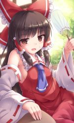 Rule 34 | 1girl, ascot, bare shoulders, bow, brown eyes, brown hair, commentary request, detached sleeves, eyes visible through hair, frilled bow, frills, hair bow, hair tubes, hakurei reimu, hand fan, highres, long hair, looking at viewer, lzh, open mouth, ribbon-trimmed sleeves, ribbon trim, sitting, solo, sweat, touhou, white background