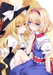 Rule 34 | 2girls, alice margatroid, bad id, bad pixiv id, black dress, black headwear, blonde hair, blue dress, blue eyes, blush, bow, braid, capelet, closed mouth, dress, grabbing another&#039;s chin, hair between eyes, hair bow, hairband, hand on another&#039;s chin, hand up, hat, hat bow, highres, kirisame marisa, long hair, multiple girls, nanase nao, puffy short sleeves, puffy sleeves, red hairband, short sleeves, smile, touhou, very long hair, white bow, white capelet, witch hat, yellow eyes, yuri