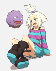 Rule 34 | 1girl, bare shoulders, blue eyes, boots, creatures (company), dress, forehead, game freak, gen 1 pokemon, gym leader, hair bobbles, hair ornament, koffing, nintendo, pokemon, pokemon (creature), pokemon bw2, roxie (pokemon), short hair, sitting, strapless, strapless dress, striped clothes, striped dress, thighs, underskirt, white hair, you (maumauyo)