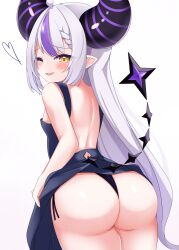 Rule 34 | 1girl, ahoge, ass, back, bare back, black horns, black panties, braid, cocozasa, commentary request, fang, from behind, grey hair, heart, hololive, horns, la+ darknesss, long hair, looking at viewer, multicolored hair, one eye closed, open mouth, panties, purple hair, side-tie panties, smile, solo, streaked hair, striped horns, tail, underwear, virtual youtuber, yellow eyes