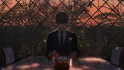 Rule 34 | 1boy, apple, black jacket, brown hair, candle, chain-link fence, chair, champagne flute, collared shirt, cup, drinking glass, fence, flower, food, fruit, hair between eyes, highres, hirota tsuu, holding, holding food, holding fruit, jacket, long sleeves, looking at viewer, male focus, necktie, orange sky, original, palm tree, plate, pov, purple eyes, red flower, red necktie, red rose, rose, shirt, sitting, sky, solo, tree, white shirt, wing collar