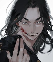 Rule 34 | 1boy, beckoning, black hair, blood, blood on face, blurry, character request, commentary, depth of field, english commentary, fangs, furrowed brow, grey eyes, grin, hand up, highres, looking at viewer, male focus, medium hair, mixed-language commentary, pafujojo, portrait, simple background, smile, solo, tokyo revengers, white background
