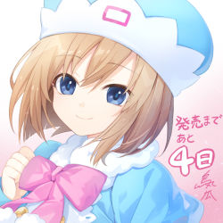 Rule 34 | blue eyes, breasts, brown hait, coat, hat, neptune (series), official art, pink background, ribbon, rom (neptunia), short hair, small breasts, smile