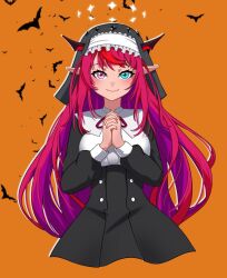 Rule 34 | 1girl, black dress, black headwear, blue eyes, dress, habit, halo, heterochromia, highres, hololive, hololive english, horns, irys (hololive), leovic, long hair, looking at viewer, multicolored hair, nun, own hands together, pointy ears, purple hair, red eyes, red hair, simple background, smile, solo, two-tone hair, virtual youtuber