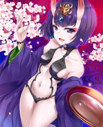 Rule 34 | 1girl, alcohol, blush, breasts, cherry blossoms, cup, fate/grand order, fate (series), flower, hinata sora, horns, japanese clothes, jewelry, kimono, looking at viewer, medium breasts, navel, oni, open mouth, purple eyes, purple hair, sakazuki, sake, shiny skin, short hair, shuten douji (fate), shuten douji (first ascension) (fate), sideboob, skin-covered horns, smile, solo