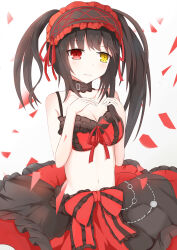 Rule 34 | 1girl, absurdres, bare shoulders, black hair, blush, bra, breasts, cleavage, clock eyes, date a live, date a live: date a bullet, gothic lolita, hairband, heterochromia, highres, kepress, lolita fashion, lolita hairband, long hair, looking at viewer, medium breasts, red eyes, ribbon, roman numeral, smile, solo, symbol-shaped pupils, tokisaki kurumi, twintails, underwear, uneven twintails, yellow eyes