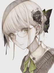 Rule 34 | 1girl, blunt bangs, collared shirt, cropped shoulders, flower, glasses, gradient background, grey background, hair flower, hair ornament, highres, hito komoru, looking at viewer, original, parted lips, portrait, shirt, simple background, solo, yellow eyes