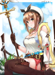 Rule 34 | 1girl, absurdres, atelier (series), atelier ryza, atelier ryza 1, breasts, brown hair, cleavage, dated, day, gloves, hair between eyes, highres, holding, holding weapon, jewelry, looking at viewer, medium breasts, medium hair, necklace, outdoors, parted lips, puffy sleeves, red shorts, reisalin stout, short shorts, shorts, sidelocks, sitting, solo, star (symbol), star necklace, tareme, test tube, thighhighs, wangqi, weapon, yellow eyes