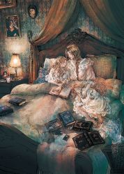 Rule 34 | 3girls, arm hug, barefoot, bed, blanket, blonde hair, book, braid, commentary request, cup, desk lamp, dress, closed eyes, highres, indoors, kobone awaki, lamp, light, light particles, long hair, lying, mother and daughter, multiple girls, nightgown, on bed, original, painting (object), pillow, sitting, sleeping, smile, wavy hair, white dress