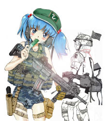 Rule 34 | 2girls, alternate costume, american flag, ammunition pouch, animal ears, assault rifle, backpack, bag, bandaid, bandaid on face, belt, blue eyes, blue hair, blush, buckle, camouflage, canteen, collarbone, cucumber, digital camouflage, ear protection, eotech, female focus, flag, flask, food, from behind, gloves, gun, gun sling, hair bobbles, hair ornament, handgun, hat, headset, helmet, holster, inubashiri momiji, kawashiro nitori, load bearing vest, looking at viewer, looking back, m16, m16a2, m4 carbine, magazine (weapon), military, military uniform, multiple girls, nakamura 3sou, pants, partially colored, pocket, pouch, rifle, sgt nakamura, short hair, simple background, single glove, smile, snap-fit buckle, thigh holster, touhou, twintails, two side up, uniform, vertical forward grip, weapon, white background, wolf ears