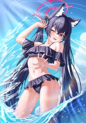 Rule 34 | 1girl, ;d, absurdres, animal ear fluff, animal ears, bare shoulders, bikini, black bikini, black hair, blue archive, blue ribbon, blue sky, blush, collarbone, day, hair ribbon, halo, highres, long hair, navel, nyanbutter, one eye closed, open mouth, outdoors, red eyes, ribbon, serika (blue archive), sky, smile, splashing, stomach, swimsuit, twintails, very long hair, wading, water