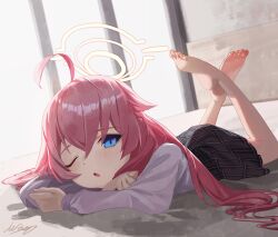 Rule 34 | 1girl, ;o, ahoge, arm support, barefoot, bed, bed sheet, bedroom, blue archive, blue eyes, collared shirt, commentary request, feet, hair between eyes, halo, head rest, highres, hoshino (blue archive), indoors, legs up, long hair, long sleeves, looking at viewer, lying, m.q (mqkyrie), on stomach, one eye closed, parted lips, pink hair, plaid, plaid skirt, pleated skirt, school uniform, shirt, sidelocks, signature, skirt, soles, solo, the pose, toes, window