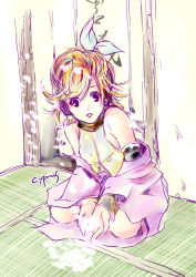 Rule 34 | 1girl, arm warmers, artist name, bare shoulders, black eyes, blonde hair, breasts, cyprus, hair ribbon, headphones, indoors, kagamine rin, lips, off shoulder, open hands, open mouth, pink hair, ribbon, scroll, shawl, short hair, sideboob, sitting, sketch, small breasts, solo, swept bangs, tareme, tatami, vocaloid, white ribbon