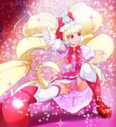 Rule 34 | 10s, 1girl, aisaki emiru, blonde hair, blunt bangs, boots, closed mouth, cure macherie, gloves, haruyama kazunori, hugtto! precure, lips, long hair, looking away, looking to the side, magical girl, pink gloves, precure, red eyes, red footwear, smile, solo, sparkle, thighhighs, twintails, very long hair, white thighhighs