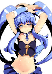 Rule 34 | 10s, 1girl, adapted costume, armpits, arms up, blue eyes, blue hair, blue skirt, blush, brooch, bustier, cure princess, detached collar, happinesscharge precure!, heart, heart brooch, highres, long hair, magical girl, matching hair/eyes, midriff, navel, necktie, precure, shiny skin, shirayuki hime, sidelocks, skirt, smile, solo, tasaka shinnosuke, twintails, white background, wrist cuffs