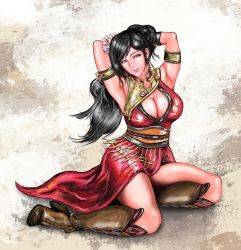 Rule 34 | 1girl, armlet, armpits, arms behind head, bare legs, black hair, boots, breasts, brown eyes, chinese clothes, cleavage, donguri sensei, earrings, flower, flower on head, flower ornament, hair ornament, high heel boots, high heels, highres, jewelry, large breasts, legs folded, lian shi, long hair, ponytail, shin sangoku musou