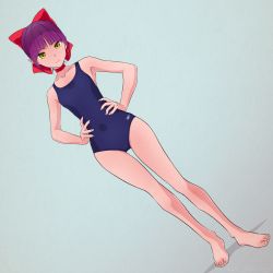 Rule 34 | 1girl, akagi (fmttps), bad id, bad pixiv id, barefoot, bow, cat girl, choker, competition swimsuit, gegege no kitarou, hair bow, hands on own hips, nekomusume, nekomusume (gegege no kitarou 6), one-piece swimsuit, purple hair, red choker, swimsuit, yellow eyes