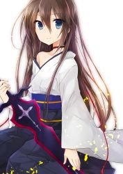 Rule 34 | 10s, 1boy, alternate form, androgynous, blue eyes, brown hair, collar, commentary request, eyes visible through hair, hair between eyes, hakama, hakama skirt, hand on sword, highres, holding, holding sword, holding weapon, japanese clothes, kazehaya kamito, long hair, looking at viewer, male focus, mikoto kei, off shoulder, ren ashbell, restia ashdoll, seirei tsukai no blade dance, skirt, smile, solo, spoilers, sword, trap, weapon, wide sleeves