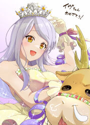 Rule 34 | 1girl, :d, bare shoulders, blush, breasts, collarbone, congratulations, crown, dress, eve santaclaus, gloves, highres, idolmaster, idolmaster cinderella girls, kurokoshi you, long hair, looking at viewer, medium breasts, open mouth, reindeer, simple background, sleeveless, sleeveless dress, smile, solo, strapless, strapless dress, translation request, upper body, white background, white dress, white gloves, white hair, yellow eyes