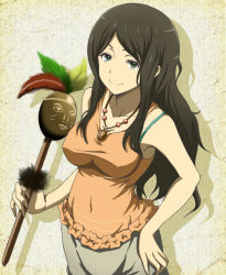Rule 34 | 10s, 1girl, banboro (technobot), bare shoulders, brown hair, casual, green eyes, hand on own hip, hip focus, hyouka, jewelry, long hair, necklace, official style, oreki tomoe, smile, solo