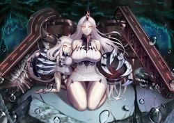 Rule 34 | 10s, 2girls, abyssal ship, ahoge, artist request, blush, breasts, claws, colored skin, cuffs, detached sleeves, dress, eyebrows, frown, highres, horns, i-class destroyer, kantai collection, kneeling, large breasts, long hair, looking at viewer, mittens, multiple girls, northern ocean princess, orange eyes, panties, pantyshot, ribbed dress, seaport princess, short dress, side-tie panties, single horn, thigh strap, thighs, underwear, white dress, white hair, white skin, zgwg