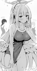 Rule 34 | 1girl, angel wings, blue archive, blunt bangs, blurry, blurry background, blush, breasts, cleft of venus, collarbone, finger to mouth, flashing, greyscale, groin, halo, highres, karikura (atatata71), large breasts, long hair, looking at viewer, mika (blue archive), monochrome, people, school swimsuit, shushing, simple background, swimsuit, swimsuit tug, tile floor, tiles, trinity general school swimsuit, very long hair, water drop, wings