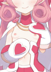 Rule 34 | 1girl, blush, breasts, breasts apart, cape, closed mouth, curly hair, detached collar, hands up, head out of frame, highres, lips, long hair, mittens, morisobo, navel, neneka (princess connect!), nipples, pink hair, pointy ears, princess connect!, small breasts, smile, solo, upper body