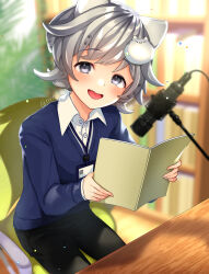 Rule 34 | 1boy, absurdres, black pants, blue sweater, blurry, blurry background, book, cat boy, cat hair ornament, collared shirt, grey eyes, grey hair, hair ornament, highres, holding, holding book, indie virtual youtuber, kasuya mofu, microphone, on chair, open mouth, pants, paw print, shirt, short hair, sitting, solo, sweater, table, teltelhousi, twitter username, virtual youtuber, white shirt