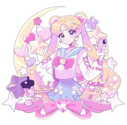 Rule 34 | 1girl, artist name, bishoujo senshi sailor moon, blonde hair, blue eyes, blue sailor collar, blue skirt, blush, bow, bowtie, brooch, cellphone, closed mouth, collarbone, commentary, crescent, crescent moon, cross-laced clothes, cross-laced sleeves, cup, cupcake, dango, disposable cup, double bun, drinking straw, earrings, english commentary, eyelashes, facial mark, fingernails, food, forehead mark, gem, hair bun, hair ornament, hairclip, hand on own hip, hand up, heart, heart-shaped gem, heart hair ornament, high-waist skirt, highres, holding, holding phone, jewelry, long hair, long sleeves, looking at viewer, macaron, meowwniz, moon, moon stick, multicolored nails, nail polish, parted bangs, phone, pink bow, pink bowtie, pink gemstone, pink nails, pink ribbon, pleated skirt, polka dot, rabbit hair ornament, ribbon, sailor collar, school uniform, shirt, simple background, skirt, smartphone, smile, solo, sparkle, star (symbol), striped, tsukino usagi, twintails, twitter username, very long hair, wagashi, white background, white bow, white shirt, x hair ornament