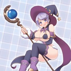 Rule 34 | 10s, 1girl, akeyama, bikini, bikini top only, bikini warriors, black bikini, black thighhighs, blue background, blush, boots, bow, breasts, crescent print, detached sleeves, hat, head tilt, holding, holding staff, large breasts, long sleeves, looking at viewer, mage (bikini warriors), open mouth, plaid, plaid background, purple bow, purple footwear, purple hair, short hair, solo, staff, star (symbol), star print, swept bangs, swimsuit, tears, thighhighs, witch, witch hat