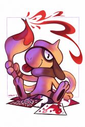 Rule 34 | charmander, creatures (company), full body, game freak, gen 1 pokemon, gen 2 pokemon, gen 3 pokemon, looking at viewer, nintendo, paint, paper, pokemon, pokemon (creature), potachi, sableye, simple background, sitting, smeargle, solo, white background