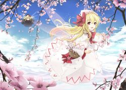 Rule 34 | 2girls, basket, black dress, blonde hair, blue sky, bow, capelet, cherry blossoms, cloud, cloudy.r, day, dress, dual persona, fairy, fairy wings, female focus, flying, hair bow, hat, highres, lily black, lily white, long hair, long sleeves, mountain, multiple girls, open mouth, petals, pink eyes, sky, smile, touhou, tree, white dress, wide sleeves, wings, zzz36951