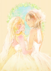 Rule 34 | 2girls, bare shoulders, blonde hair, blush, bridal veil, bride, brown hair, couple, dress, eye contact, flower, freckles, gown, hair flower, hair ornament, holding another&#039;s arm, krista lenz, looking at another, multiple girls, orange background, pale color, pink flower, pink rose, ponytail, profile, rose, shingeki no kyojin, sleeveless, sleeveless dress, smile, striped, striped background, ukarism, veil, vertical stripes, wedding, wedding dress, white dress, wife and wife, ymir (shingeki no kyojin), yuri