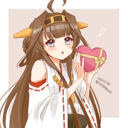 Rule 34 | 1girl, ahoge, box, brown hair, cocoperino, commentary request, dated, detached sleeves, double bun, grey eyes, hair bun, headgear, heart, japanese clothes, kantai collection, kongou (kancolle), long hair, looking at viewer, one-hour drawing challenge, ribbon-trimmed sleeves, ribbon trim, solo, twitter username, upper body