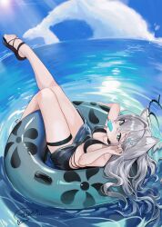 1girl absurdres animal_ears anizi black_footwear blue_archive blue_eyes breasts broken_halo feet grey_hair halo heterochromia highres ice_cream_bar knees_together_feet_apart large_breasts legs long_hair sandals shiroko_(blue_archive) shiroko_terror_(blue_archive) solo swimsuit thighs toenails toes tube wolf_ears