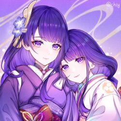 Rule 34 | 2girls, chinese commentary, chishahaone, commentary request, flower, genshin impact, hair flower, hair ornament, highres, japanese clothes, kimono, long hair, makoto (genshin impact), mole, mole under eye, multiple girls, purple eyes, purple hair, purple kimono, raiden shogun, siblings, sisters, smile, spoilers, twins
