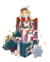 Rule 34 | 1girl, ahoge, bikini, blonde hair, box, breasts, candy, candy cane, christmas, double bun, food, full body, fur trim, gift, gift box, hair between eyes, hair bun, highres, iron saga, long hair, looking at viewer, merry christmas, navel, open mouth, rabbit, red eyes, sidelocks, simple background, single thighhigh, sleep mask, small breasts, snowflakes, solo, standing, star (symbol), striped bikini, striped clothes, striped thighhighs, swimsuit, teeth, thick thighs, thigh strap, thighhighs, thighs, vertical stripes, white background, white thighhighs, xiao chichi