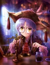 Rule 34 | 10s, 1girl, absurdres, angel beats!, glasses, goto p, hat, hat feather, highres, indoors, japanese clothes, jar, libra (zodiac), long hair, round eyewear, silver hair, spoon, tassel, tenshi (angel beats!), weighing scale, yellow eyes, zodiac